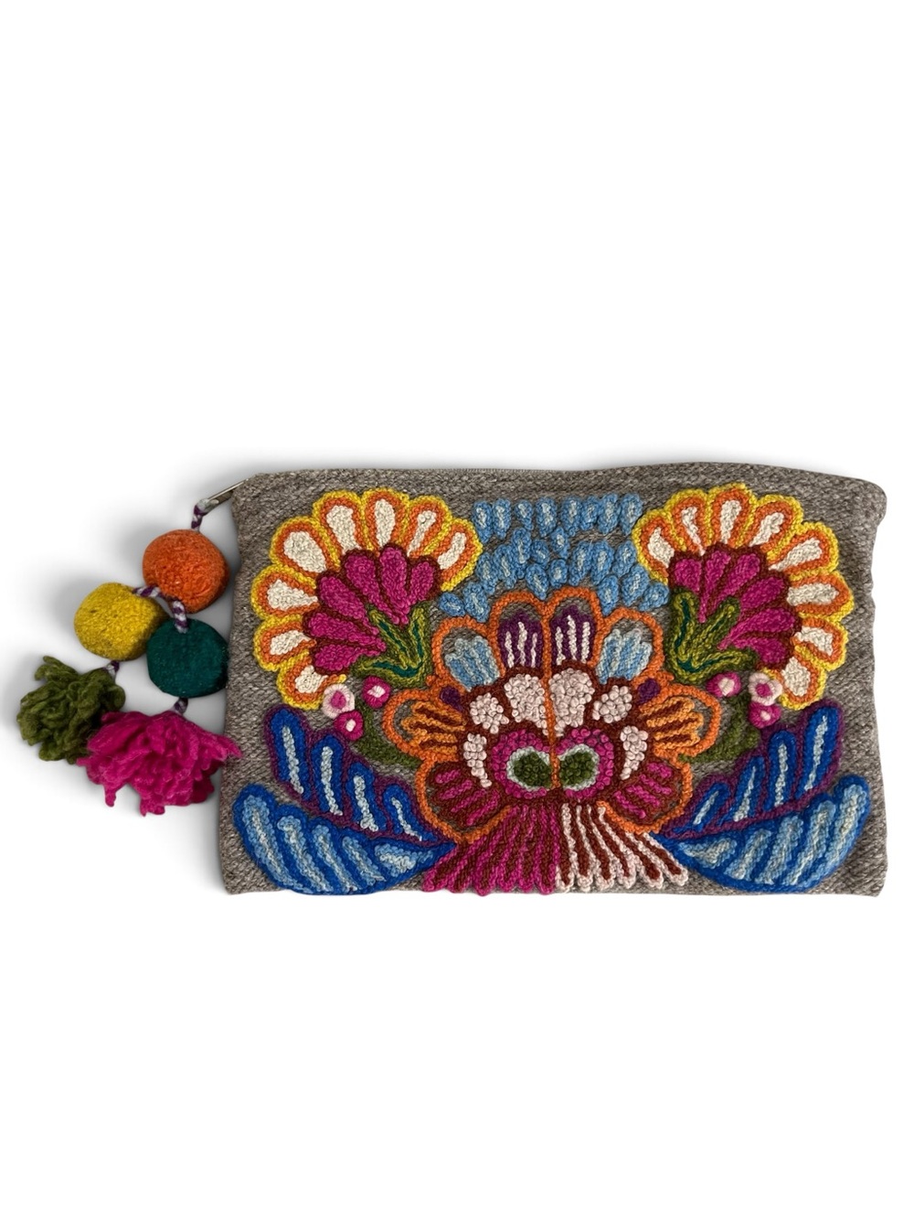 Noonday Collection Wildflower Hand Embroidered Peruvian Wool Pom Pom Clutch Bag